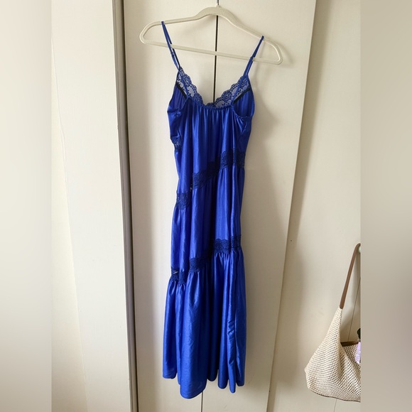 Vintage Slip Dress Royal Blue Vintage Maxi Dress with Asymmetrical Lace Accents - Picture 5 of 8